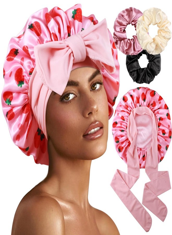 Heniho 1+3 Large Satin Bonnets with Scrunchies for Women, Double Layer Hair Bonnet Tie Bonnet for Sleeping Braids Curly Hair, J - Image 1